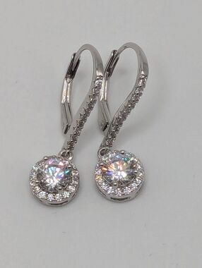Dangle Earrings In Sterling Silver With CZ Solitaire With Accents, Lever Closure